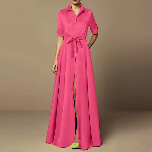 Robe maxi chemise boutonnée col V femme Royaume-Uni manches courtes OL robes longues - Photo 5/18