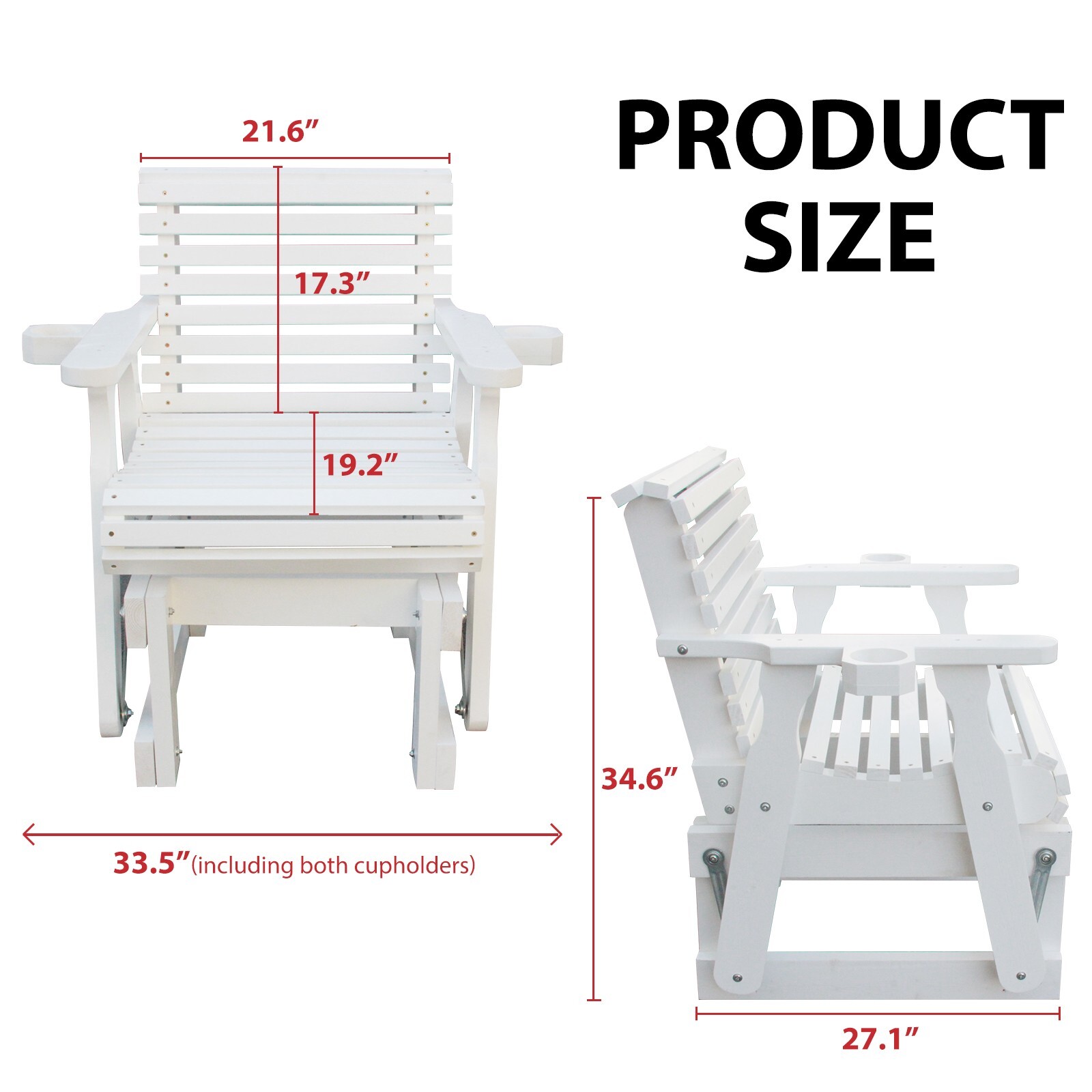 Beneouya Outdoor Wooden Glider Chair with Cup Holder for One Person, White