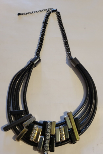 NECKLACE BOLD:  Bib/Choker Black Multi-Cord Necklace Rhinestone Accent - Picture 1 of 4