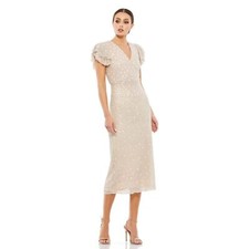 Mac duggal EMBELLISHED RUFFLE CAP SLEEVE V NECK MIDI DRESS size 6