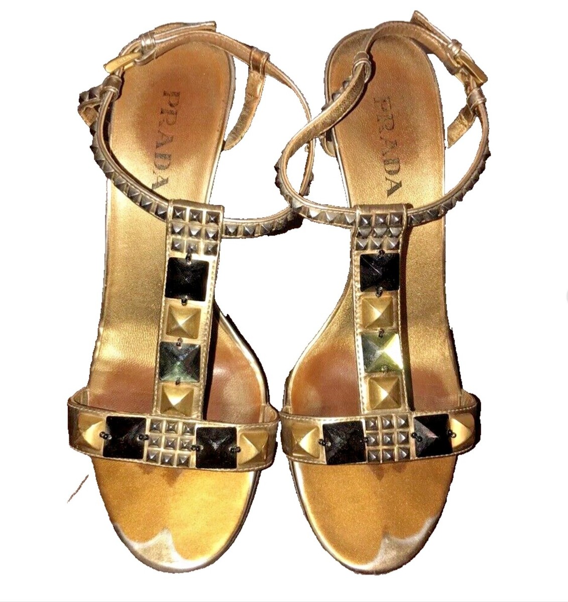Prada Patent Leather T-Strap Gold Studded Accents Block Heels Sandals Size  36.5 | eBay