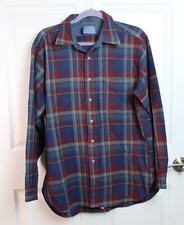 VTG 60s-70s Pendleton Lodge Shirt Cranberry Blue Plaid Pocket Curved Hem LG READ