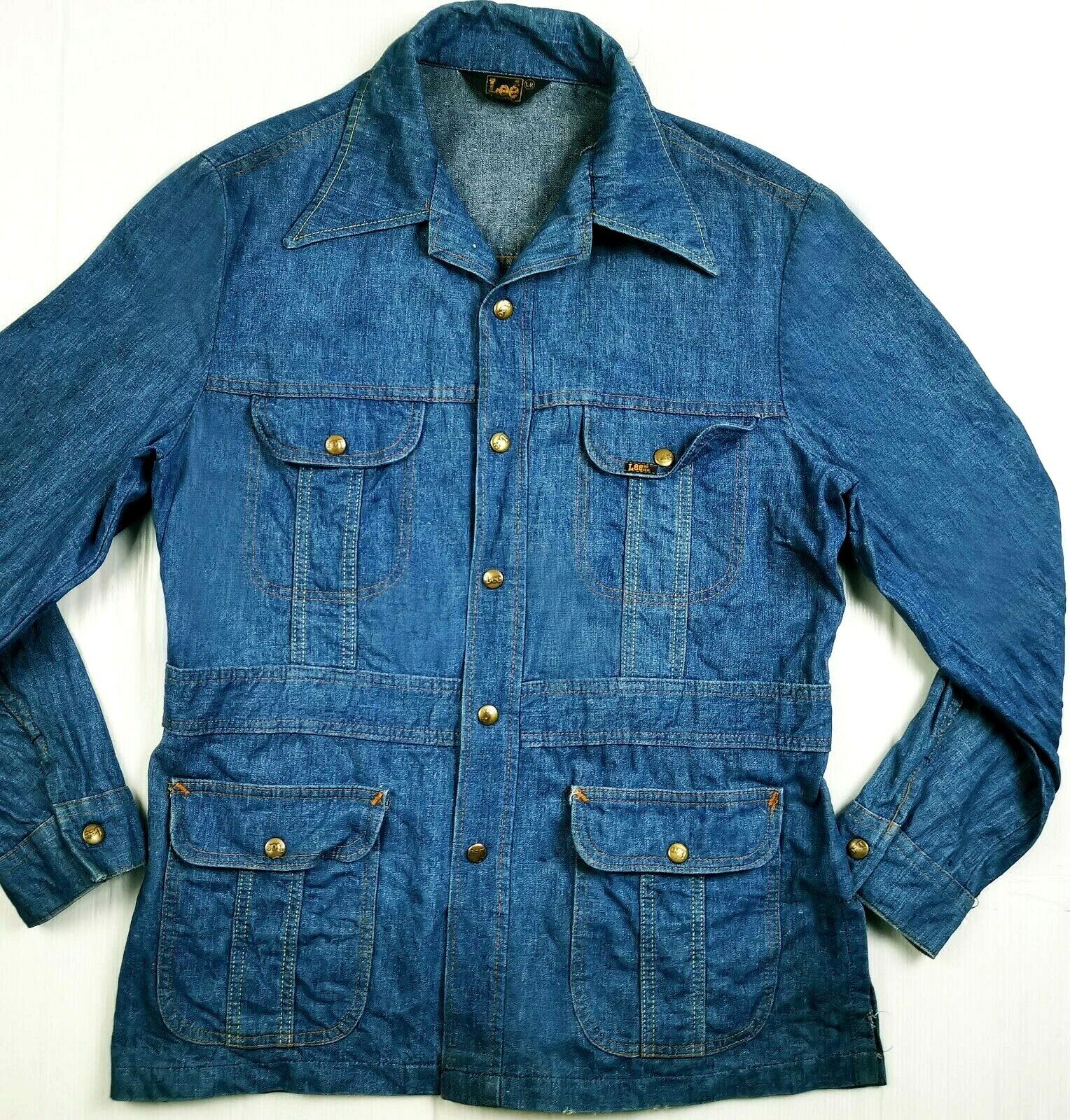 HOT VINTAGE 80s Men's LEE @ SAFARI CHORE BARN BLAZER 4 Pcks Denim JACKET  Jeans L