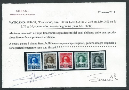 1934-37 VATICANO PROVVISORIA CERTIFICATO SORANI MNH ** - AS6 - Picture 2 of 2