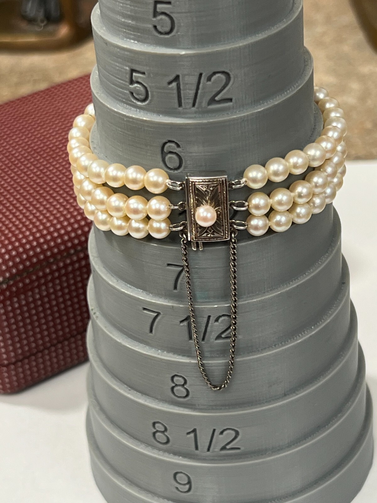 Mikimoto Three Strand 5mm Pearl Bracelet w/ Sterling Silver Clasp & Box