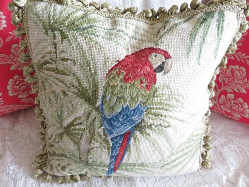 French Chick Aubusson style Petit Point Needlepoint Pillow Bright Parrot Bird - Picture 5 of 11