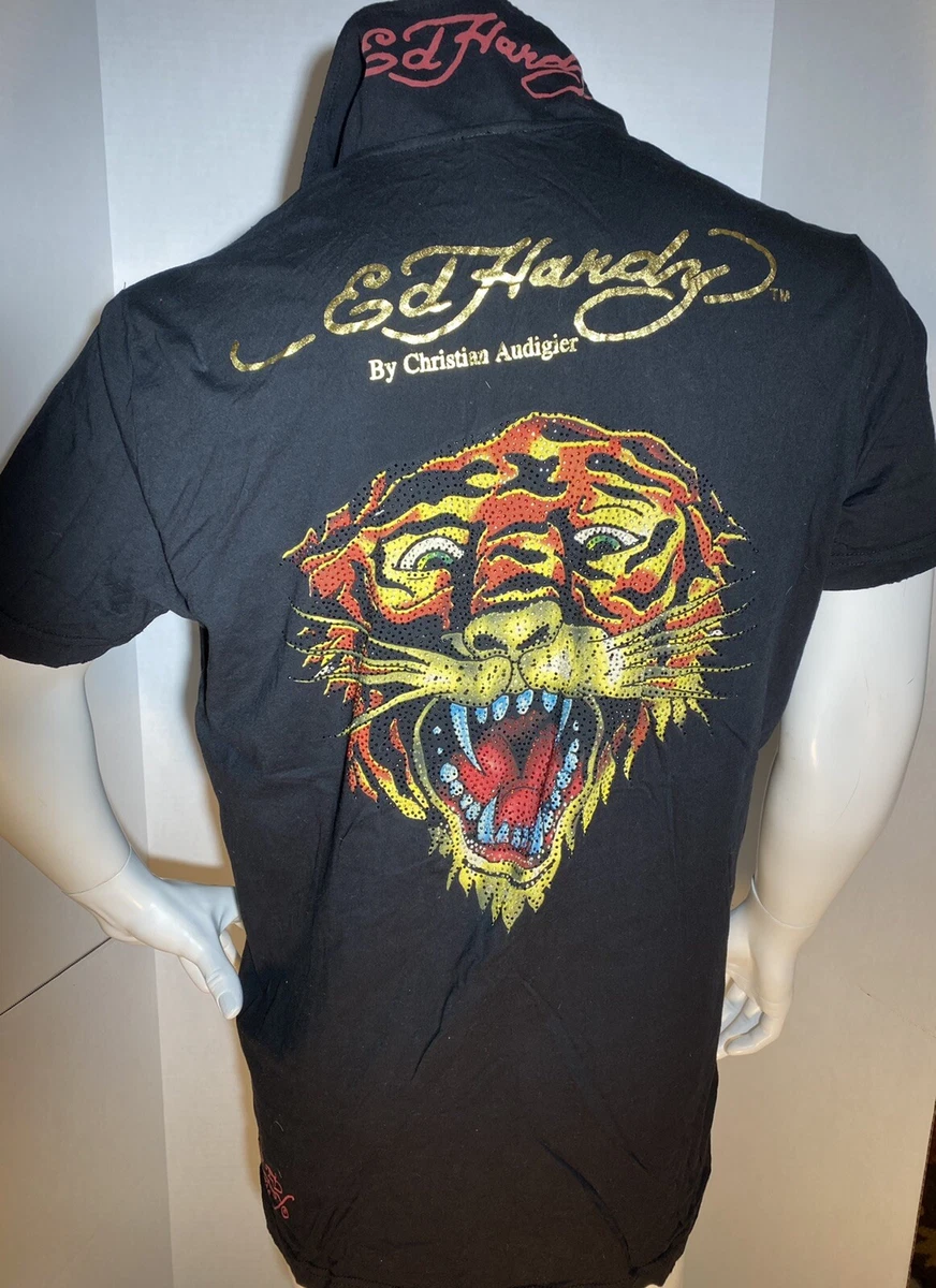 Vintage ED HARDY by CHRISTIAN AUDIGIER Polo Shirt Men s Size 2XL Tiger Black