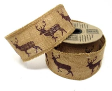 Vatican Homes Wired Christmas Ribbon Brown Deer Burlap Jute 2.5" x 10 yards