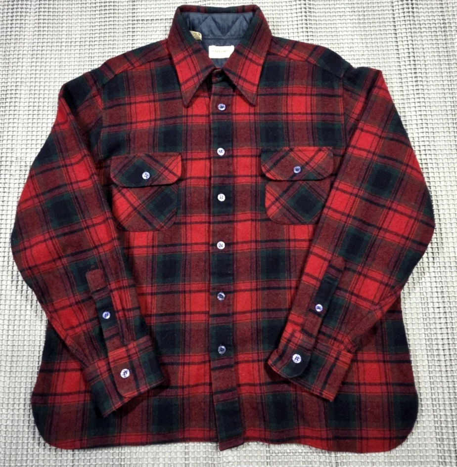 Vtg 60s Arrow Wool Red Buffolo Plaid Flannel Button Up Shirt Nylon Lined trim L - Image 2 of 4