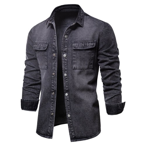 Mens Shirts Denim Shirts Fashion Casual Long Sleeves Washed Thicker Jeans Tops - Picture 4 of 12