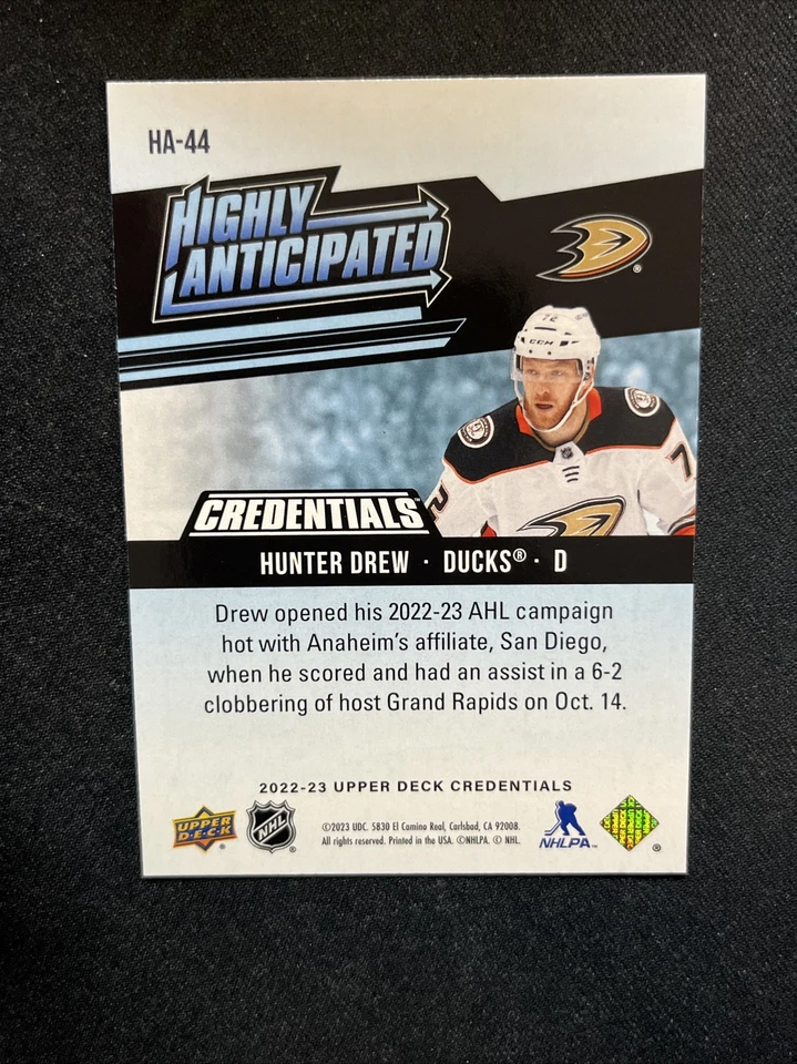 22-23 UD Credentials RC Highly Anticipated HA-44 Hunter Drew - Image 2 of 2