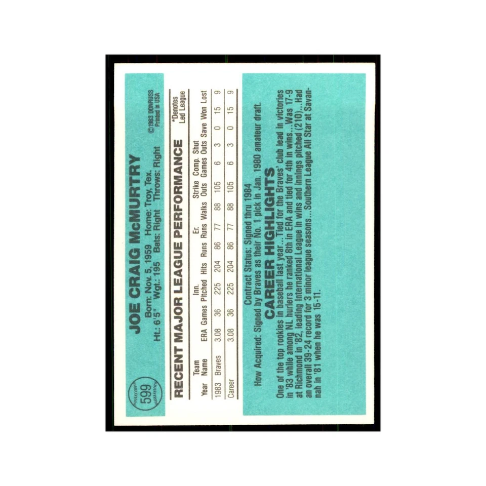 Craig McMurtry Rookie 1984 Donruss #599 Atlanta Braves Baseball Card NM - Image 2 of 3