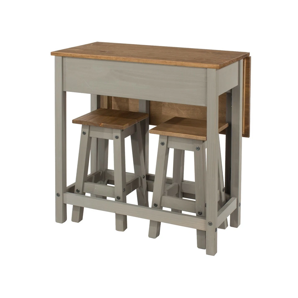 Corona High Table Counter Breakfast Bar Drop Leaf 2 Stools Kitchen Set Pine Grey - Image 2 of 4