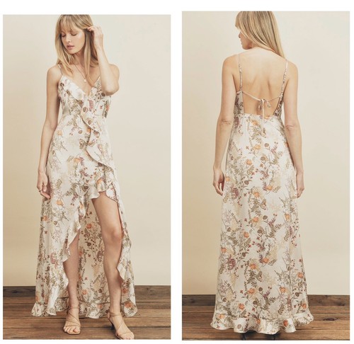 Urban Outfitters Floral Maxi Dress Forum High Low Ruffle Beige Size Large NWT - Picture 15 of 16