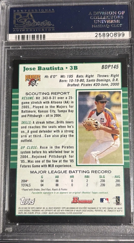 Tarjeta de novato Bowman 2005 autógrafa firmada por José Bautista PSA/DNA automática RC #145 Foto 2 de 2