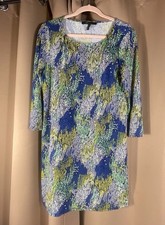 BCBGMAXAZRIA Shift Dress Medium Midi Blue Artsy Print Stretch Pullover Summer