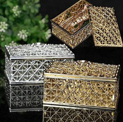 2pcs Mini Treasure Jewelry Storage Box Silver Hollow Flower Case