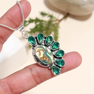 Abalone Shell & Green Apatite 925 Sterling Silver Gemstone Pendant Chain -18''