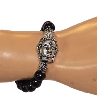 Women's Buddha Silver Plated Black Beaded Stretch Bracelet  NWOT
