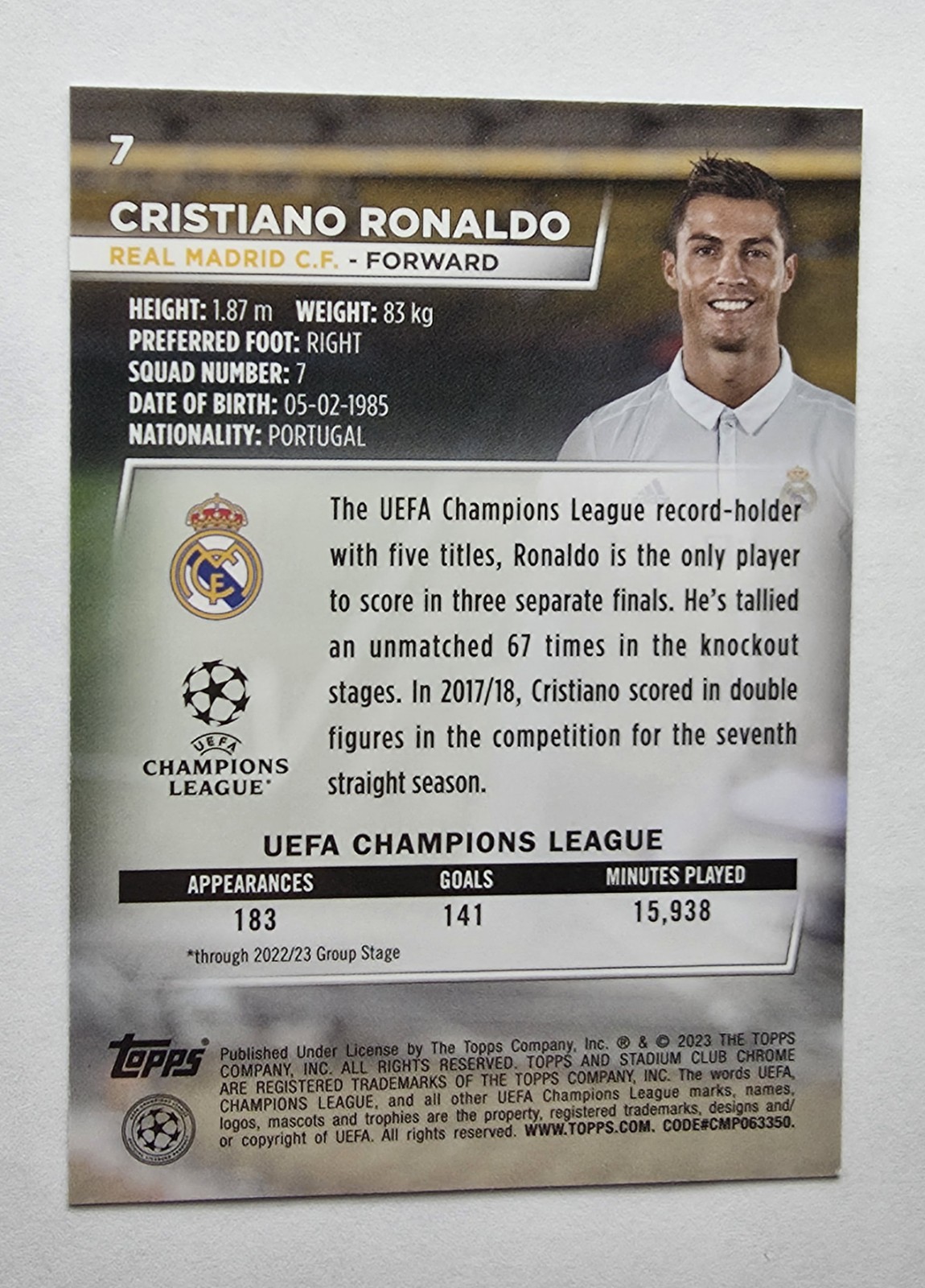 CRISTIANO RONALDO 2022-23 Topps Stadium Club Chrome Blue Prism Refractor view 4