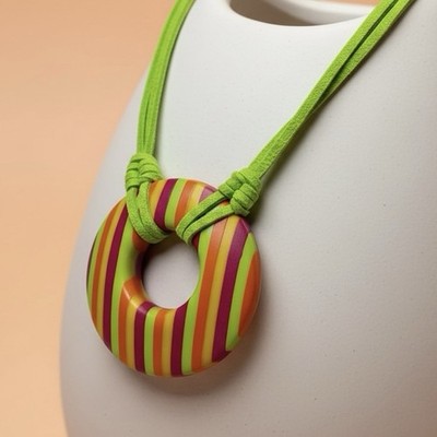 Handmade Rainbow Striped Large Round Polymer Clay Large Pendant Necklace on Cord