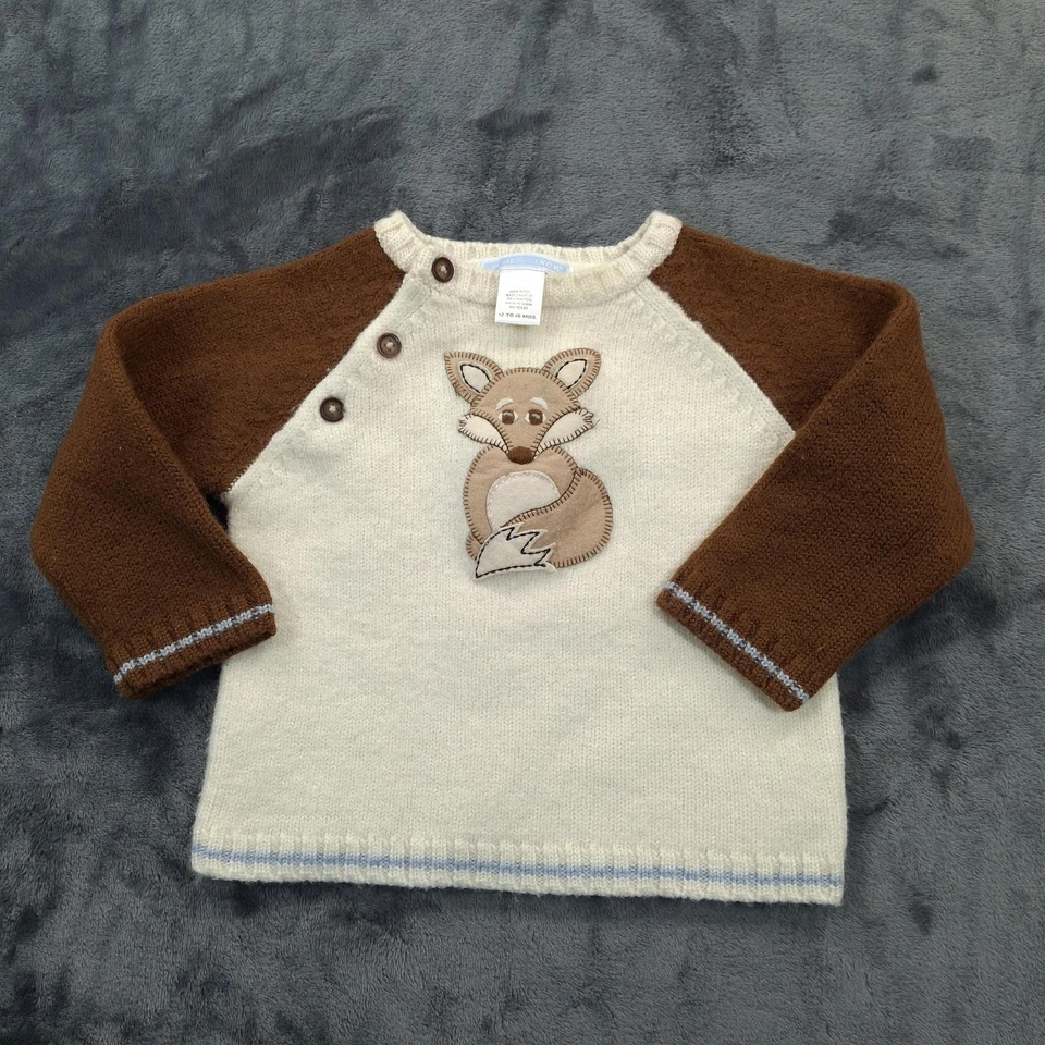 Janie and Jack Sweater Boys 12-18 Months Cream Brown Wool Fox Applique Raglan - Image 2 of 4