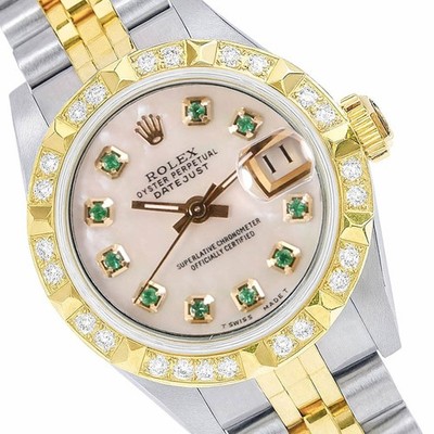 Rolex Datejust Ladies Two-Tone Gold & Steel White Mother of Pearl Emerald Watch