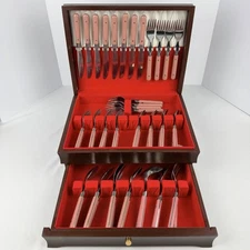 Vintage 52 Piece Flatware Set Pink Plastic Handles with Wood Storage Chest