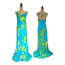 90s Y2K Monsoon Long Turquoise Bias Cut Monstera Leaf Dress UK 18/20 (US 16)