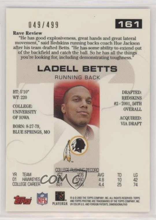 2002 Topps Pristine /499 Ladell Betts #161 Rookie RC - Image 2 of 2