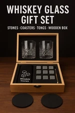 Whiskey Glass Gift Set Stones Coasters Tongs Wooden Box for Men Dad Husband