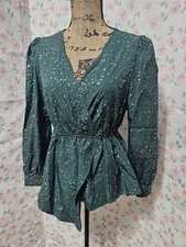 SHEIN, WOMEN'S NEW GREEN/SILVER POLY BL LONG SLEEVED SHINY DOTTED BLS, SIZE S