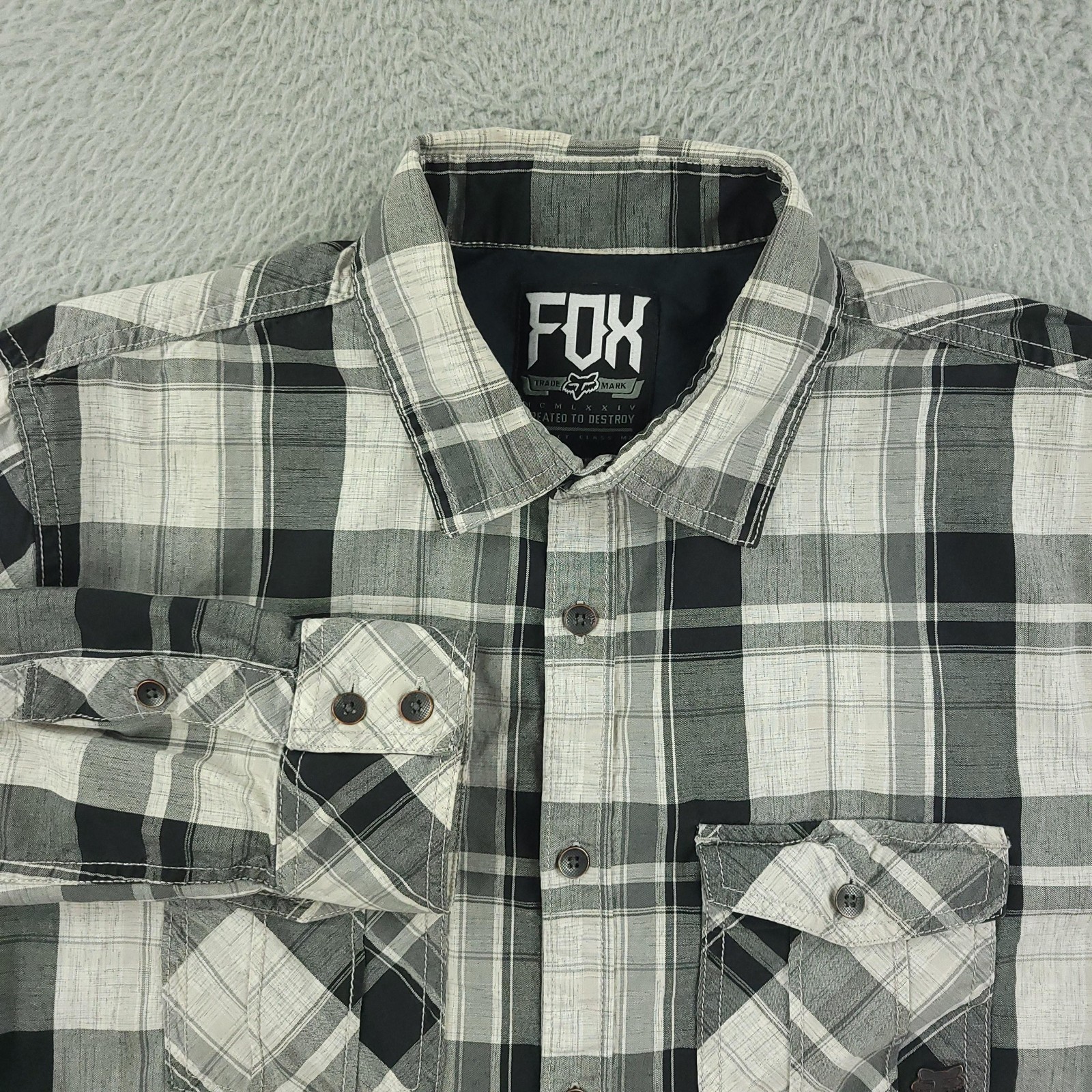Fox Racing Shirt Mens Medium Black Gray Plaid Long Sleeve Casual Button Down