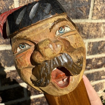 VTG Wood Carved Angry Mad Man Face Folk Art Clothes Shoe Brush Handle Japan 1960