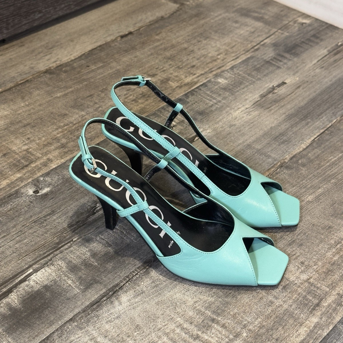 Gucci Turquoise Leather Slingback Stiletto Heels Square Toe EU