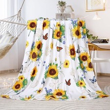 Sunflower Throw Blanket Ultra Soft Butterfly Floral Blanket Cozy Flannel Flee...
