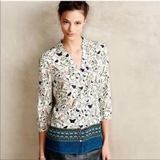 Maeve Anthropologie Women’s Top 2 Multi Button Owl Print Woodland Walk Blouse