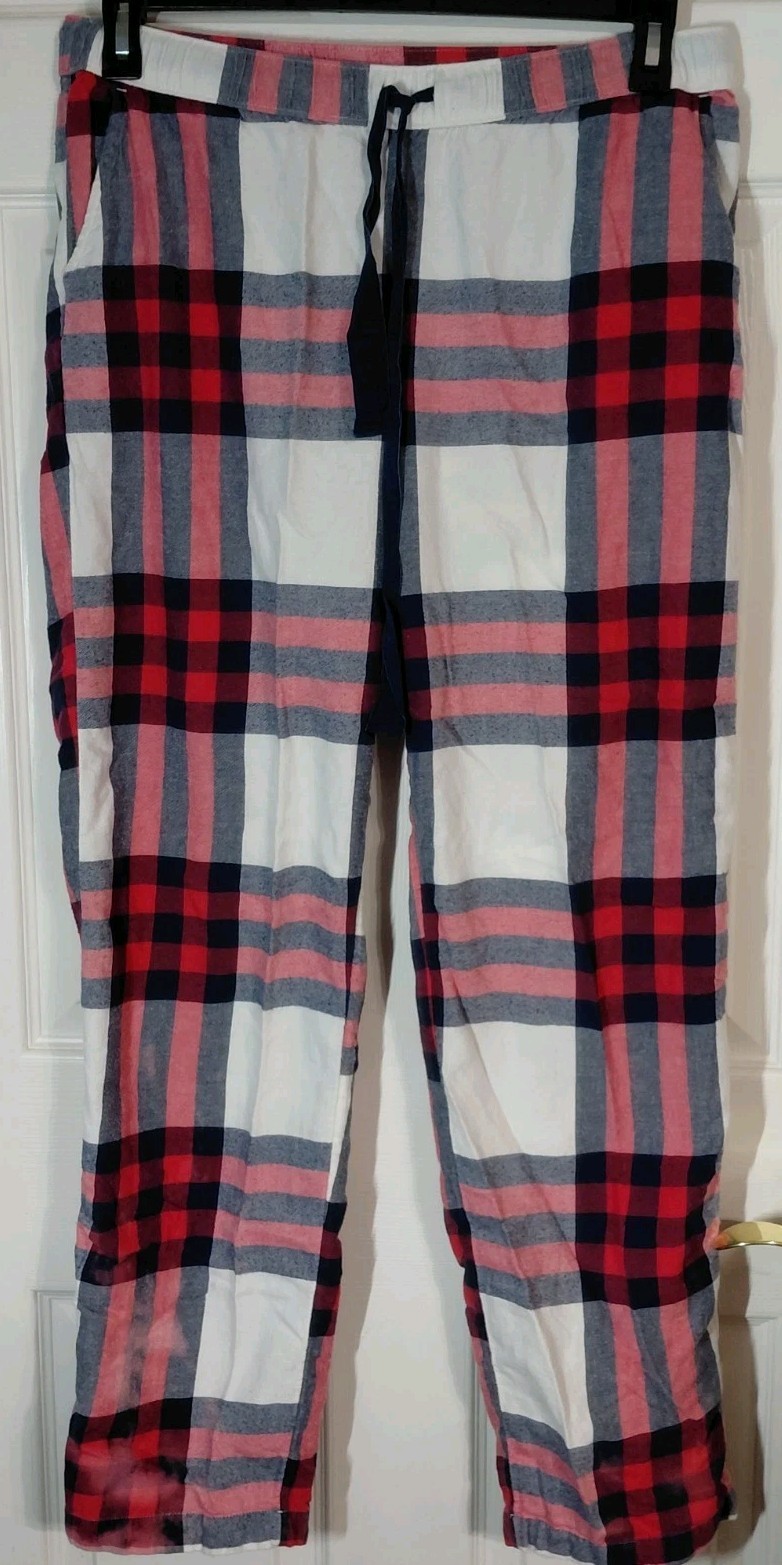 MED. LONG /AERIE MEN'S LOUNGE PANTS-RED/NAVY/WHITE PLAID DRAWSTRING