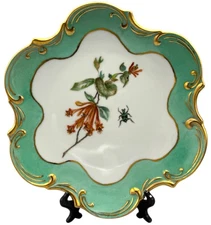 Hand Painted Porcelain Plate Flowers & Beetle Signed Irma Kelley 1986 Gold Trim