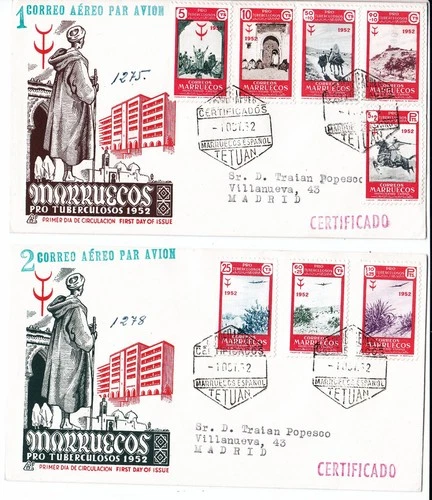 MOROCCO  MARRUECOS  SPANISH  POST  1952  SET OF 2 AIR MAIL LETTERS  FDC