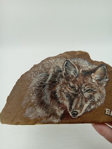 Hand Painted Wild Wolf Rustic Stone Slab Painting of Wolf Figurine Signed Bert - Picture 12 of 12