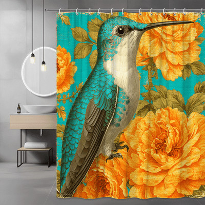 Hummingbird Floral Shower Curtain Turquoise Orange Flower Print