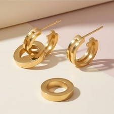 18k Gold Plated Stainless Steel Double Hoop Dainty Versatile Women's Earrings