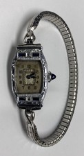 Vintage Bulova 14k White Gold Filled Diamond Saphire Ladie s Wrist Watch Working
