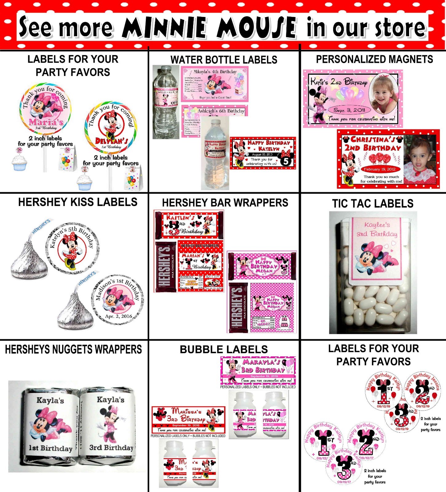 20 MINNIE MOUSE BIRTHDAY WATER BOTTLE LABELS Red polkadot design