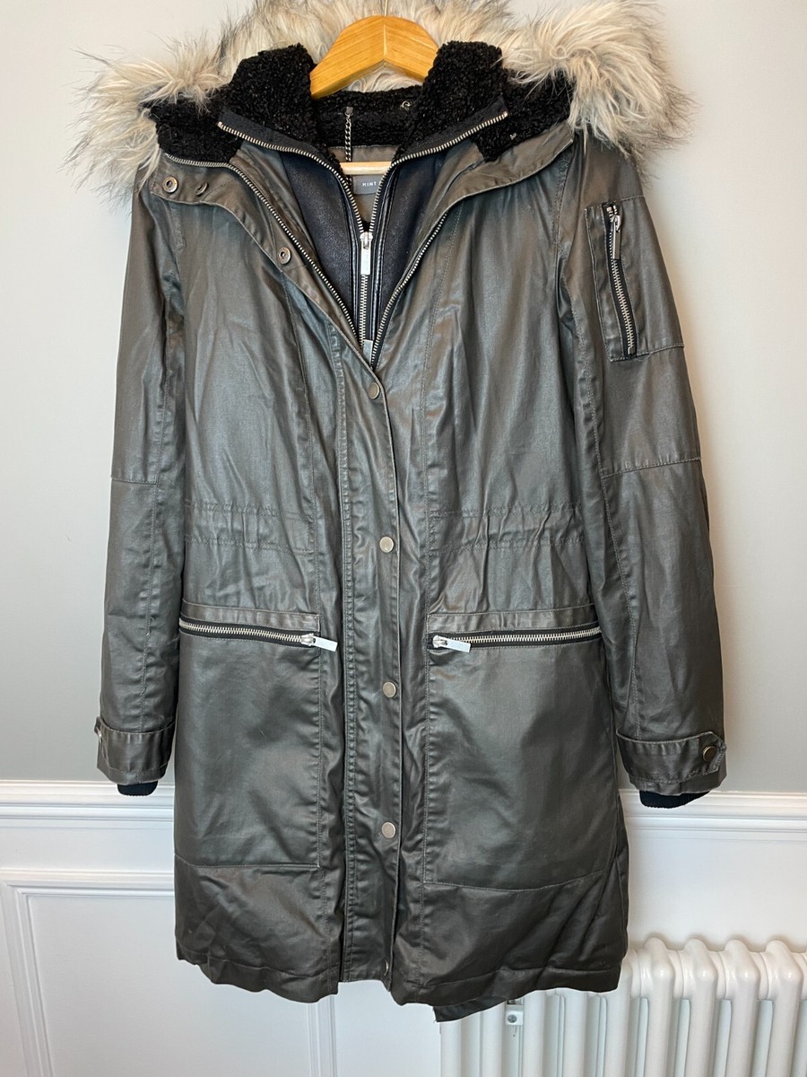 MINT VELVET Wax Effect Coat Womens Size UK Faux Fur Hood Dark