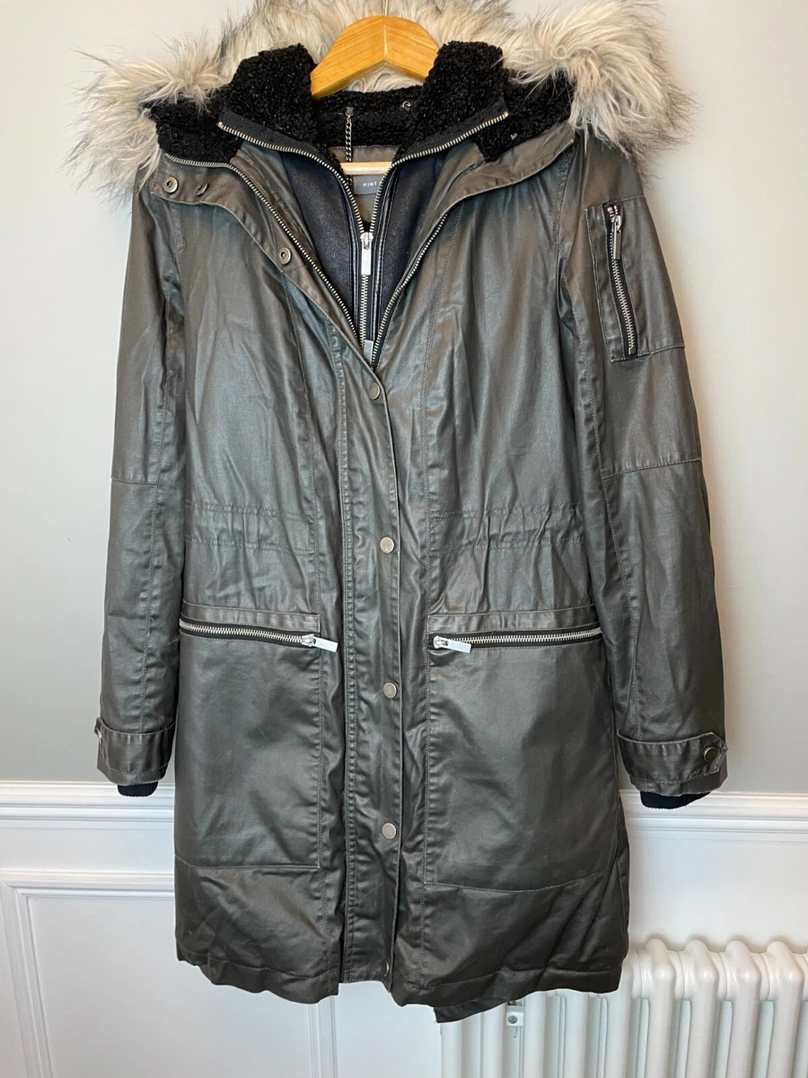 MINT VELVET Wax Effect Coat Womens Size 8 UK Faux Fur Hood Dark Charcoal Fleece
