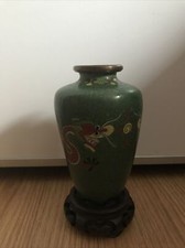 Vase cloisonne mit Drachen Gr&uuml;n H 14 cm  mit Untersetzer aus Holz Mit Fehler