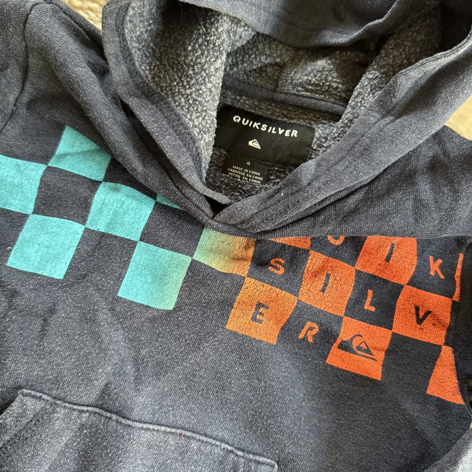 Quicksilver Boy's Sz 4  Blue Hoodie Pull Over Logo Checkered - Image 2 of 2