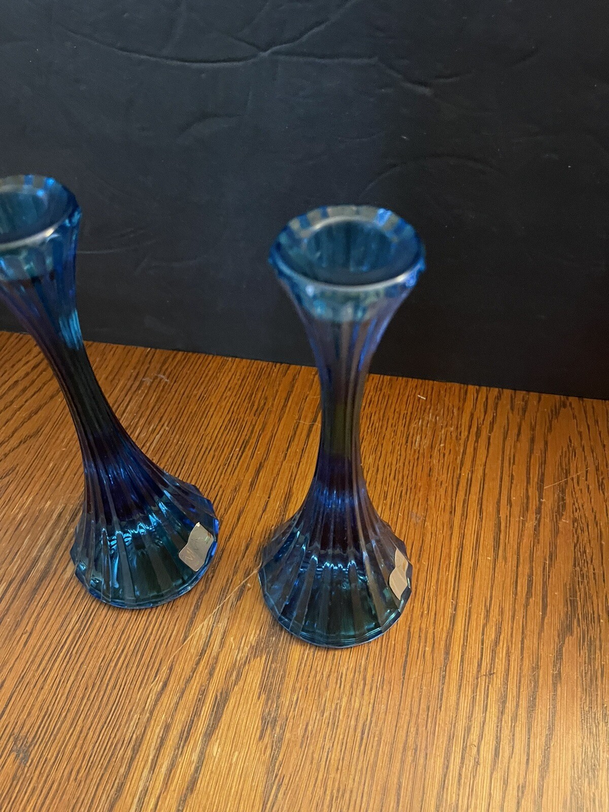 Blue Mikasa Crystal 8&rdquo; Fluted Candle Stick Holders Park Lane Pattern Pair
